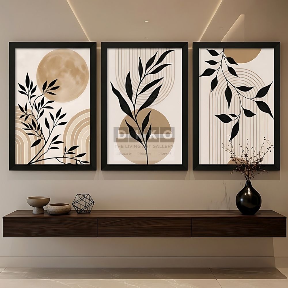 Elegant Abstract Botanical Wall Art Set – Modern Beige & Black Framed Prints for Luxury Interiors (3Pcs Pack)