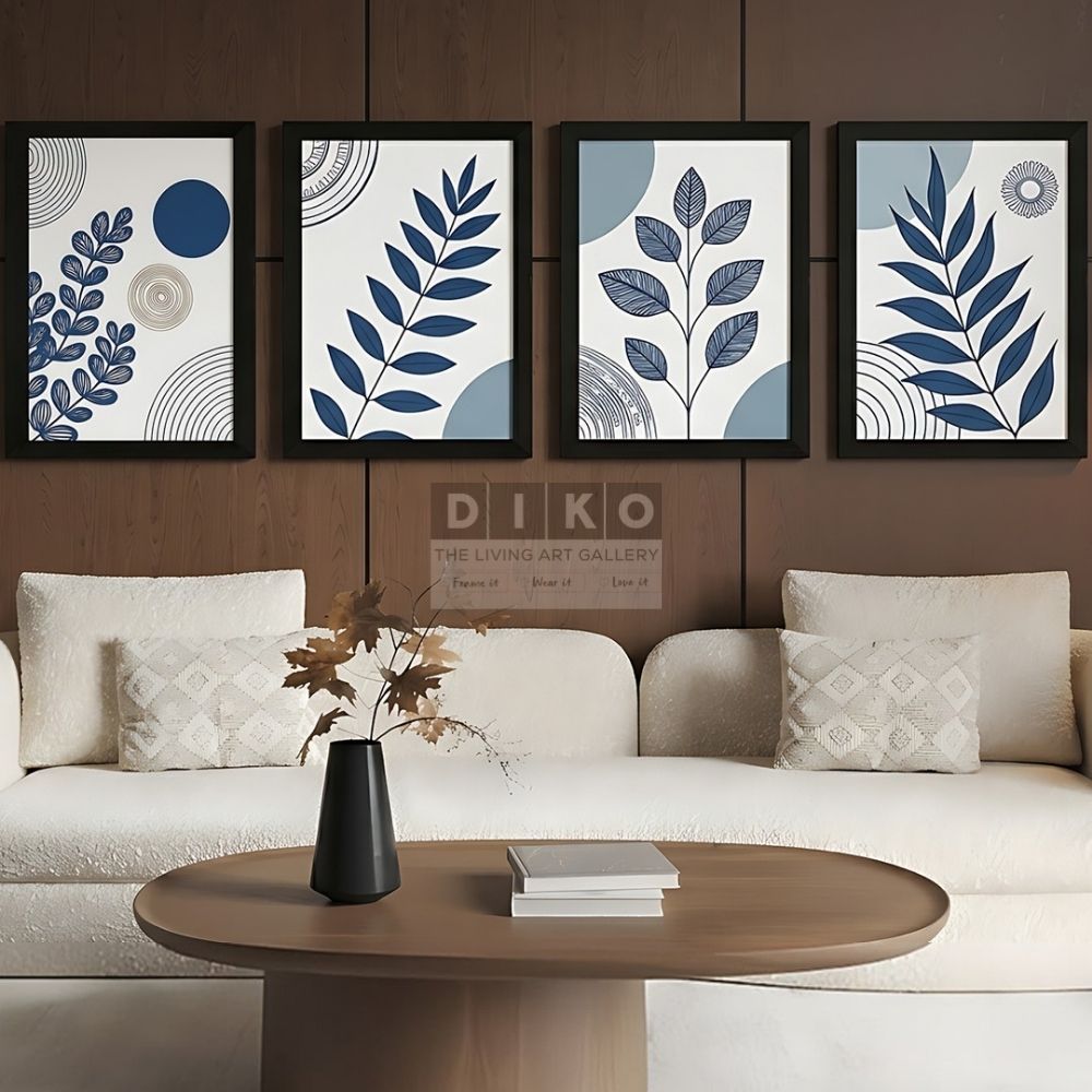 Modern Botanical Wall Art Set – Minimal Blue Leaf Frames for Elegant Living Room Decor - 4 Pcs Pack