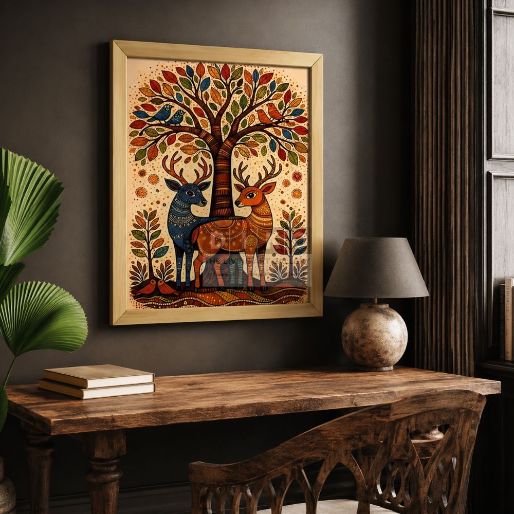 Folk Art Deer & Tree Wall Frame – Colorful Nature-Inspired Decorative Artwork
