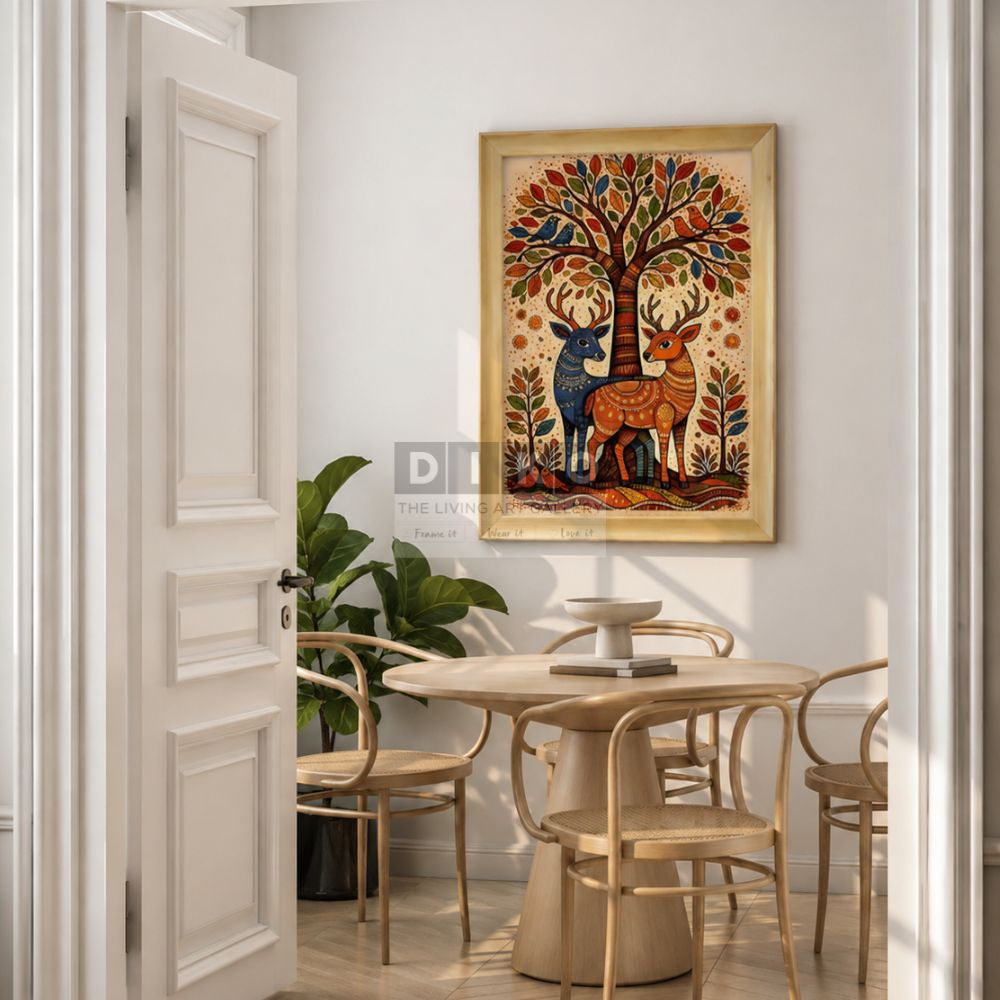 Folk Art Deer & Tree Wall Frame – Colorful Nature-Inspired Decorative Artwork