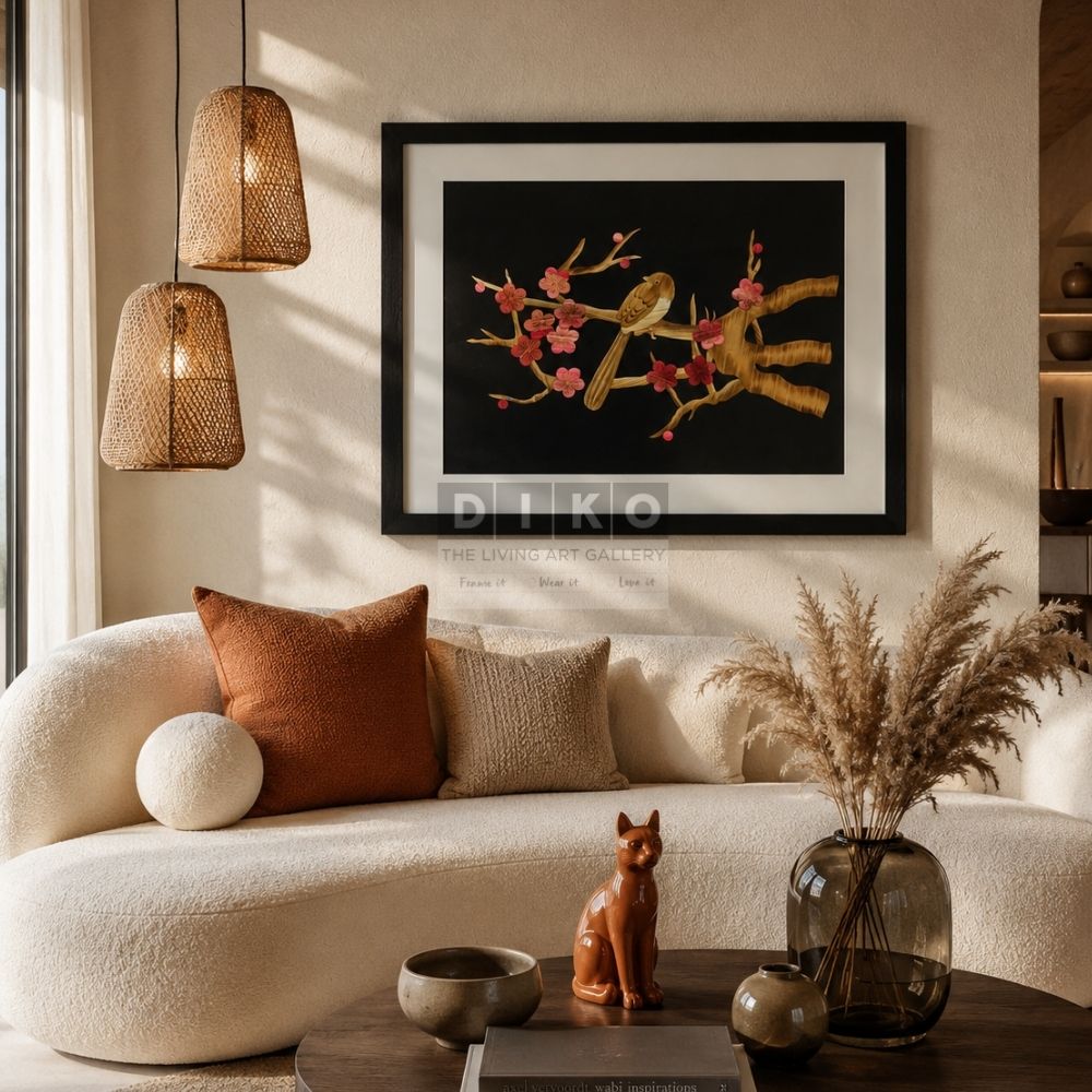 Elegant Bird & Blossom Bamboo Wall Art Frame (Normal Black Frame With Glass)