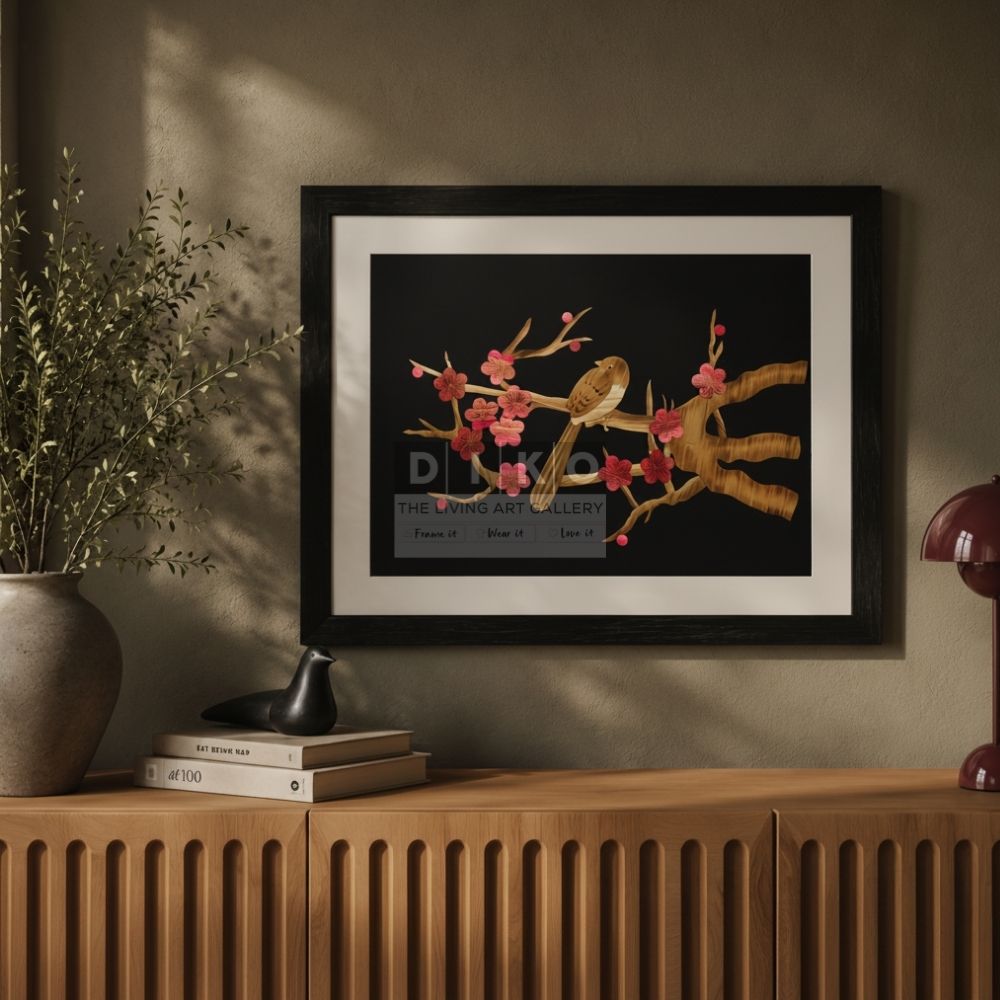 Elegant Bird & Blossom Bamboo Wall Art Frame (Normal Black Frame With Glass)