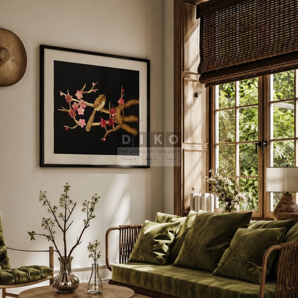 Elegant Bird & Blossom Bamboo Wall Art Frame (Normal Black Frame With Glass)