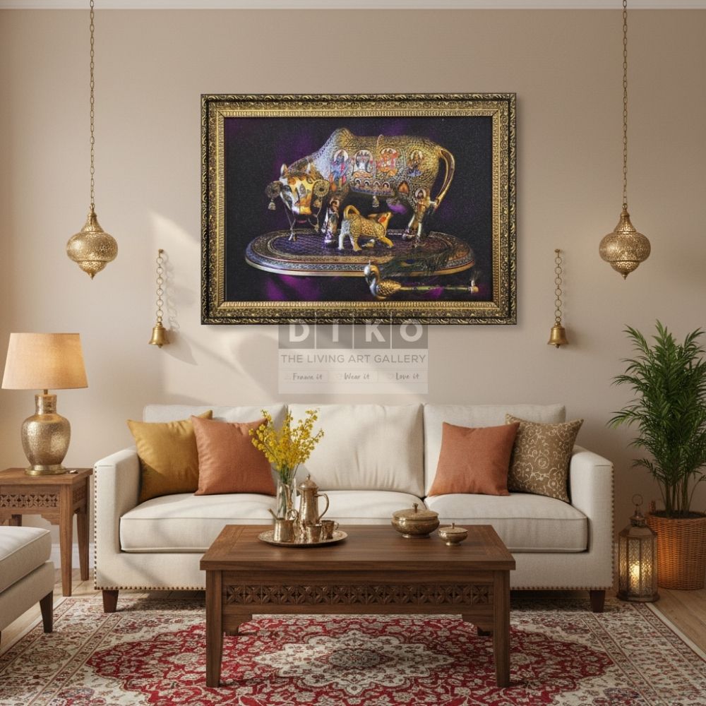 Sacred Kamadhenu Cow Art Frame with Gold Foil Detailing & Ornate Border