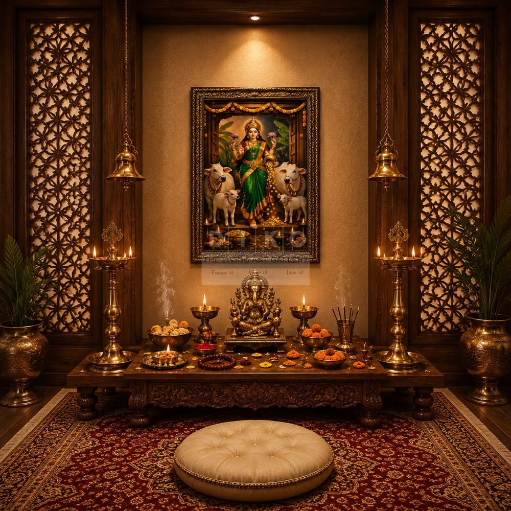 Traditional Goddess Lakshmi Pooja Room Wall Frame – Premium Divine Wooden Temple Decor