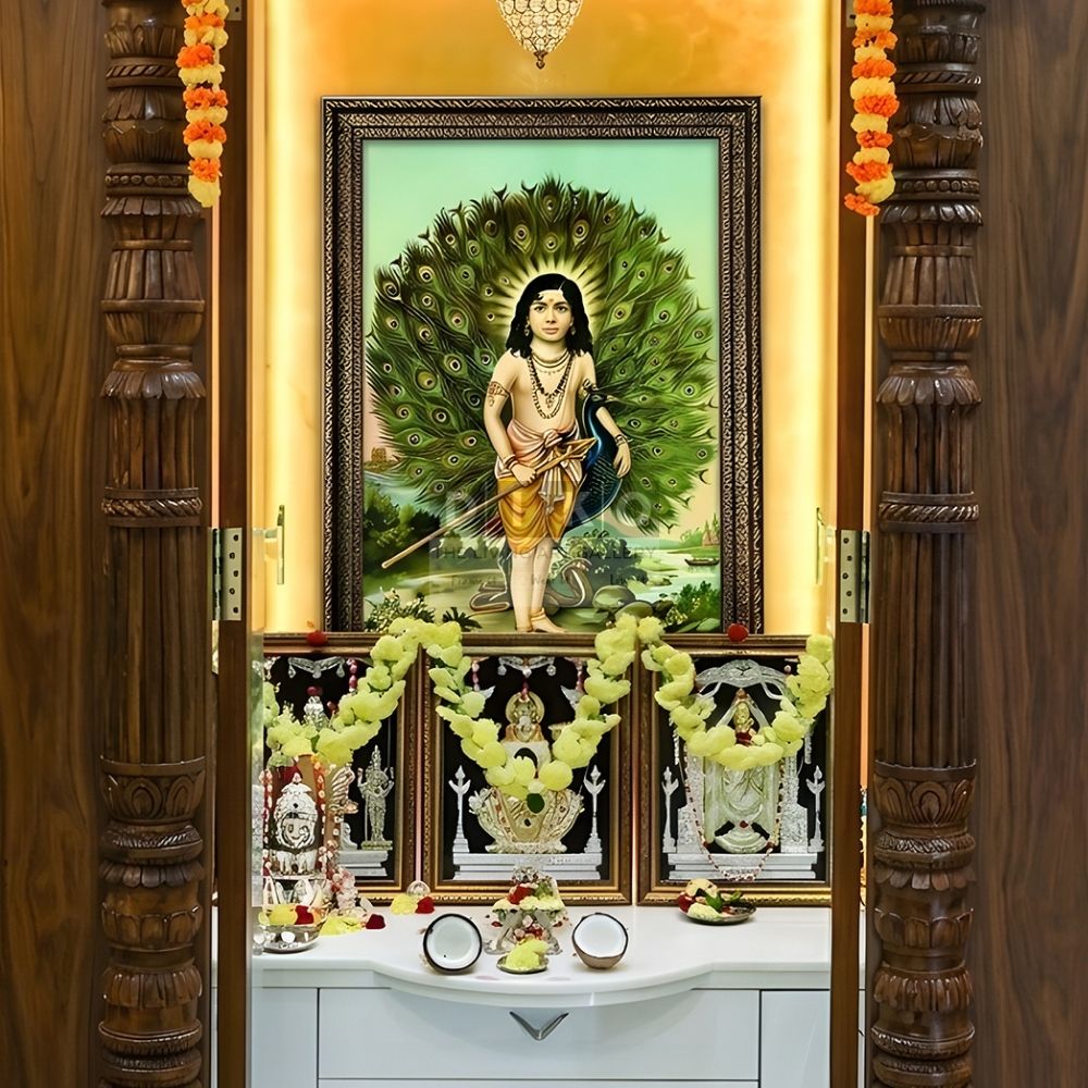 Divine Lord Murugan with Peacock Feather Aura Wall Art Frame