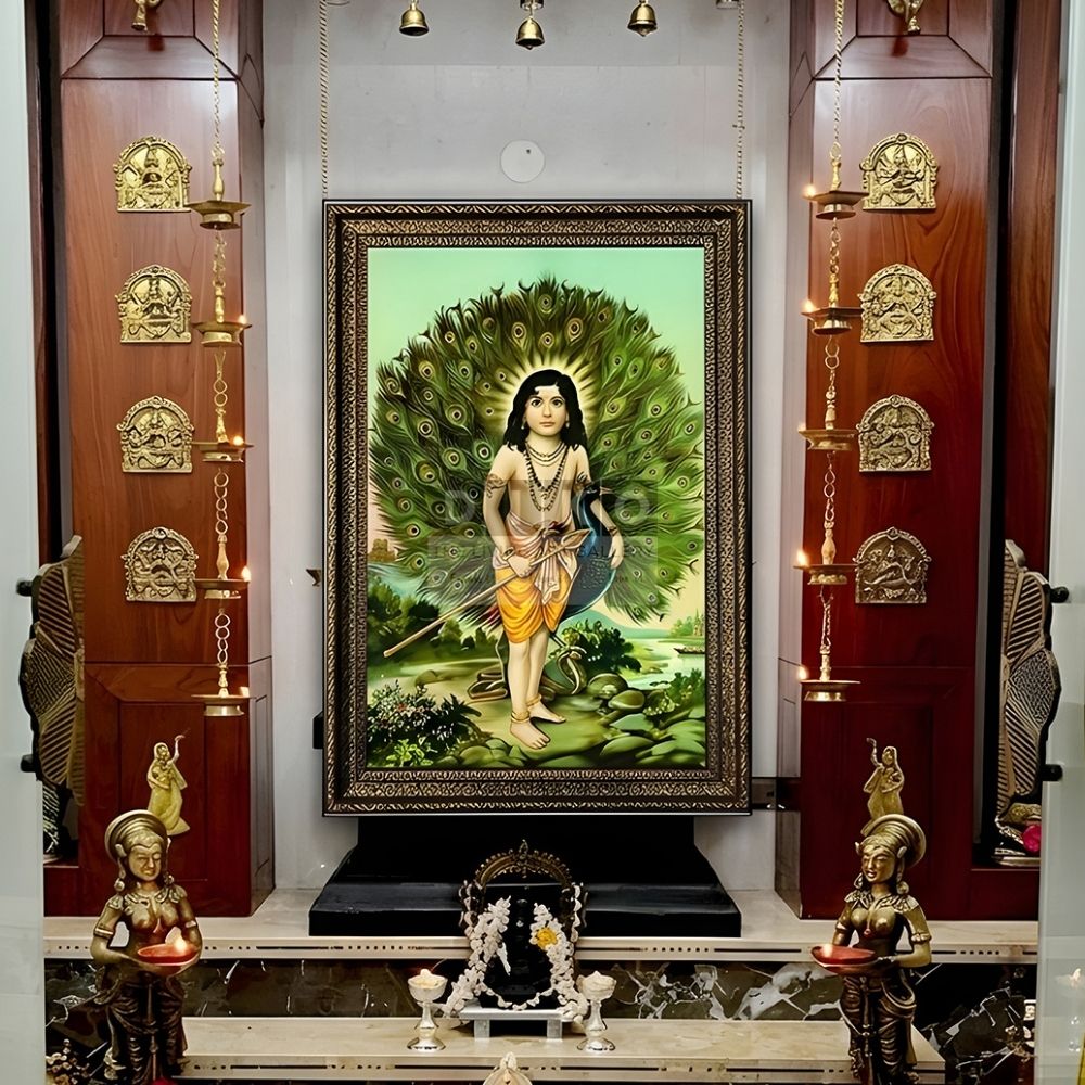 Divine Lord Murugan with Peacock Feather Aura Wall Art Frame