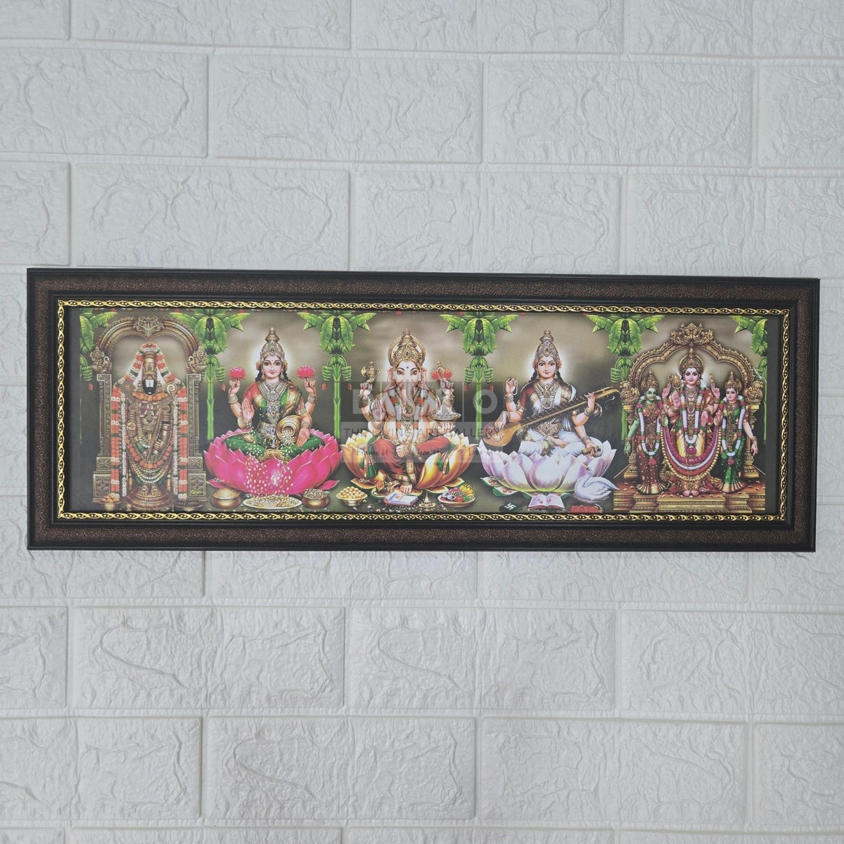 Divine Panchayatana Deities Framed Wall Art – Balaji, Lakshmi, Ganesha, Saraswati & Murugan Premium Temple Style Frame