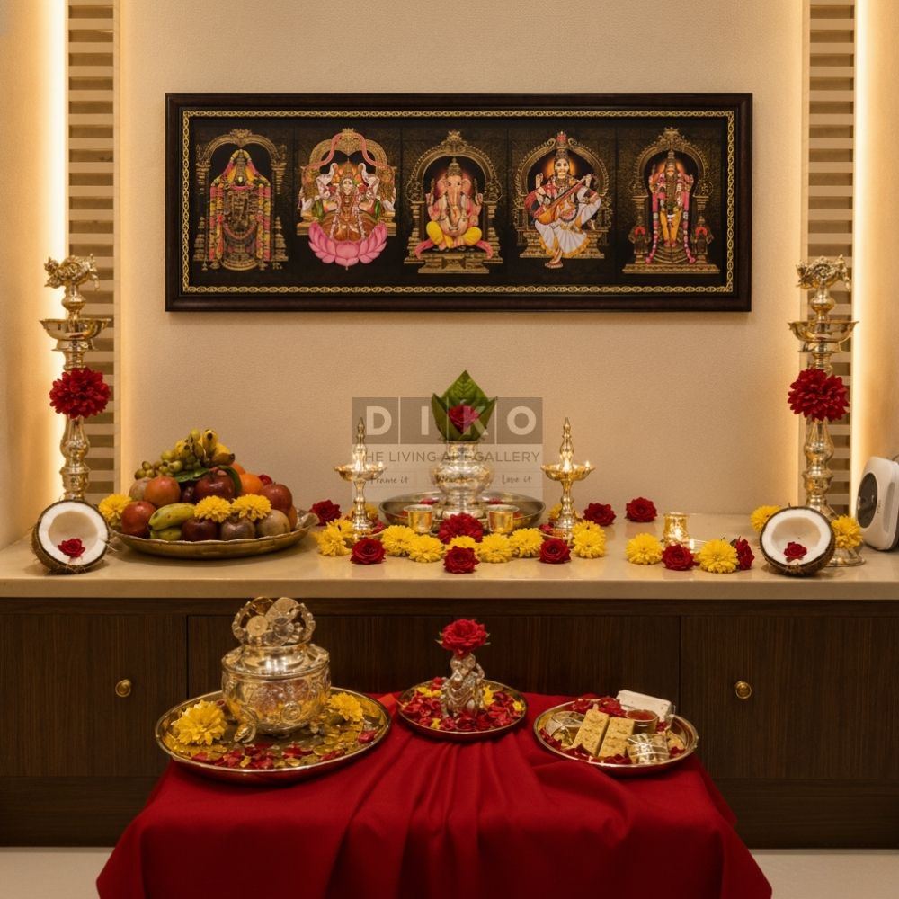 Divine Panchayatana Gods Framed Wall Art – Balaji, Lakshmi, Ganesha, Saraswati & Murugan Premium Long Frame