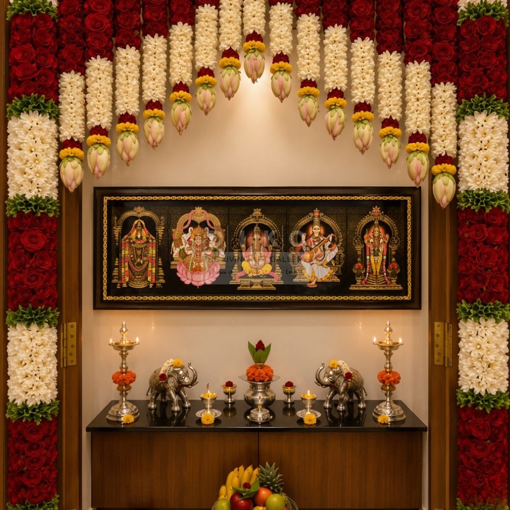 Divine Panchayatana Gods Framed Wall Art – Balaji, Lakshmi, Ganesha, Saraswati & Murugan Premium Long Frame