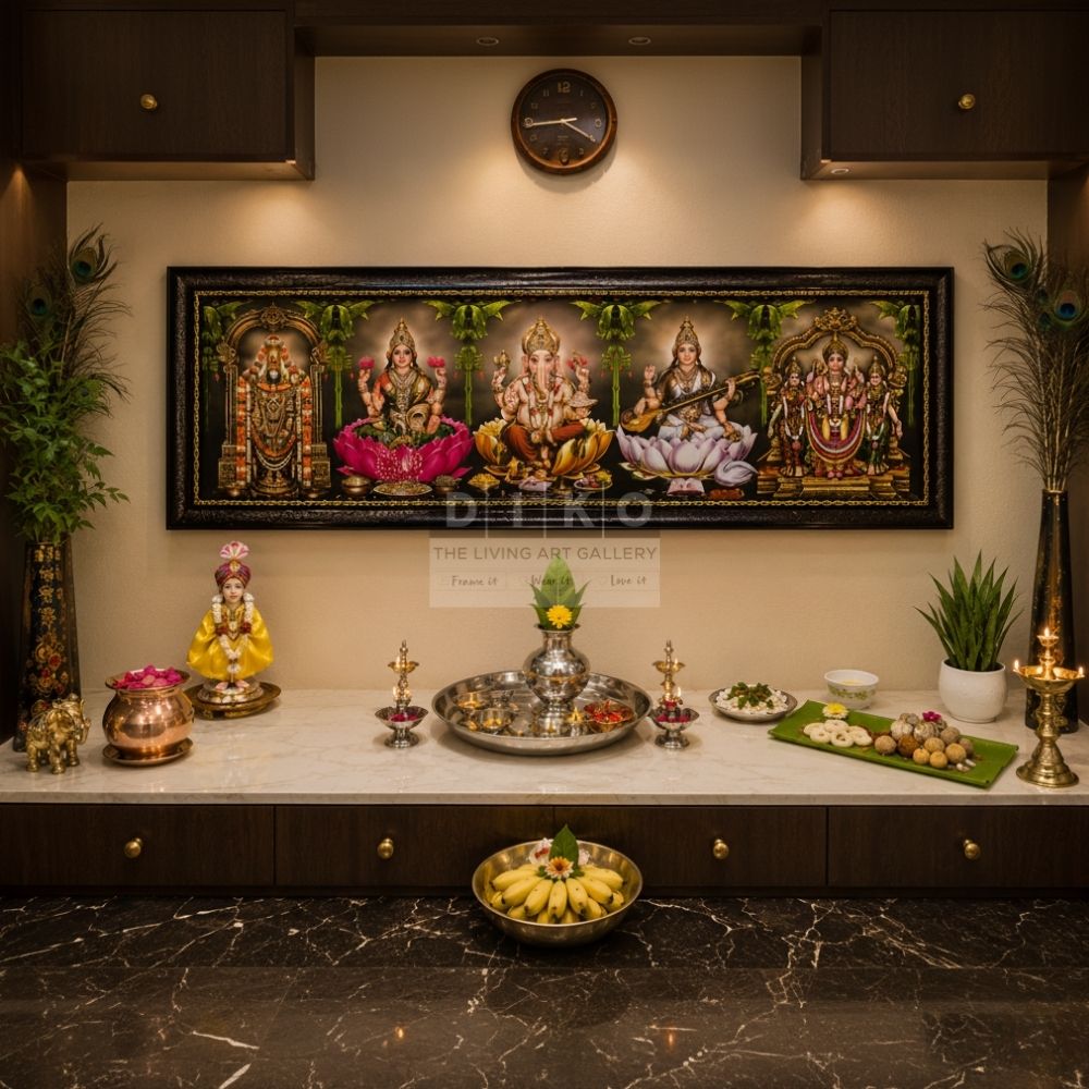 Divine Panchayatana Deities Framed Wall Art – Balaji, Lakshmi, Ganesha, Saraswati & Murugan Premium Temple Style Frame