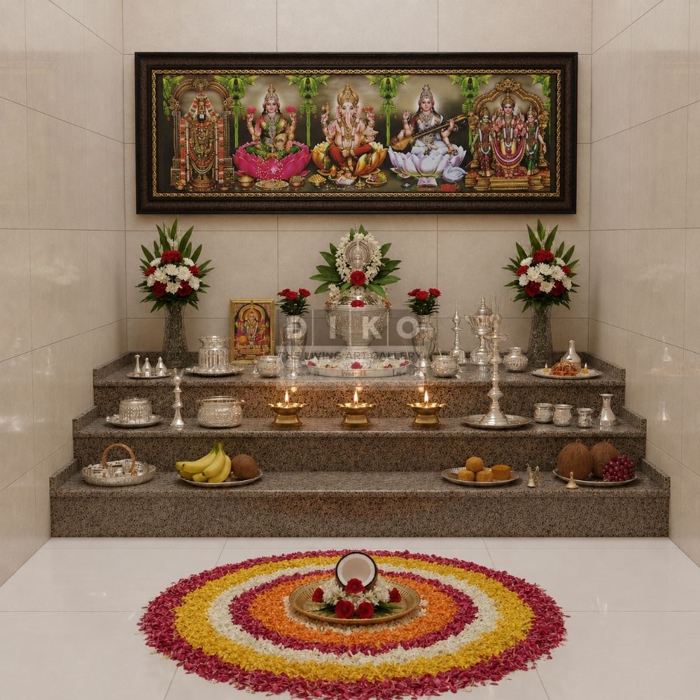 Divine Panchayatana Deities Framed Wall Art – Balaji, Lakshmi, Ganesha, Saraswati & Murugan Premium Temple Style Frame