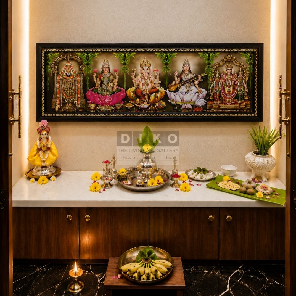 Divine Panchayatana Deities Framed Wall Art – Balaji, Lakshmi, Ganesha, Saraswati & Murugan Premium Temple Style Frame