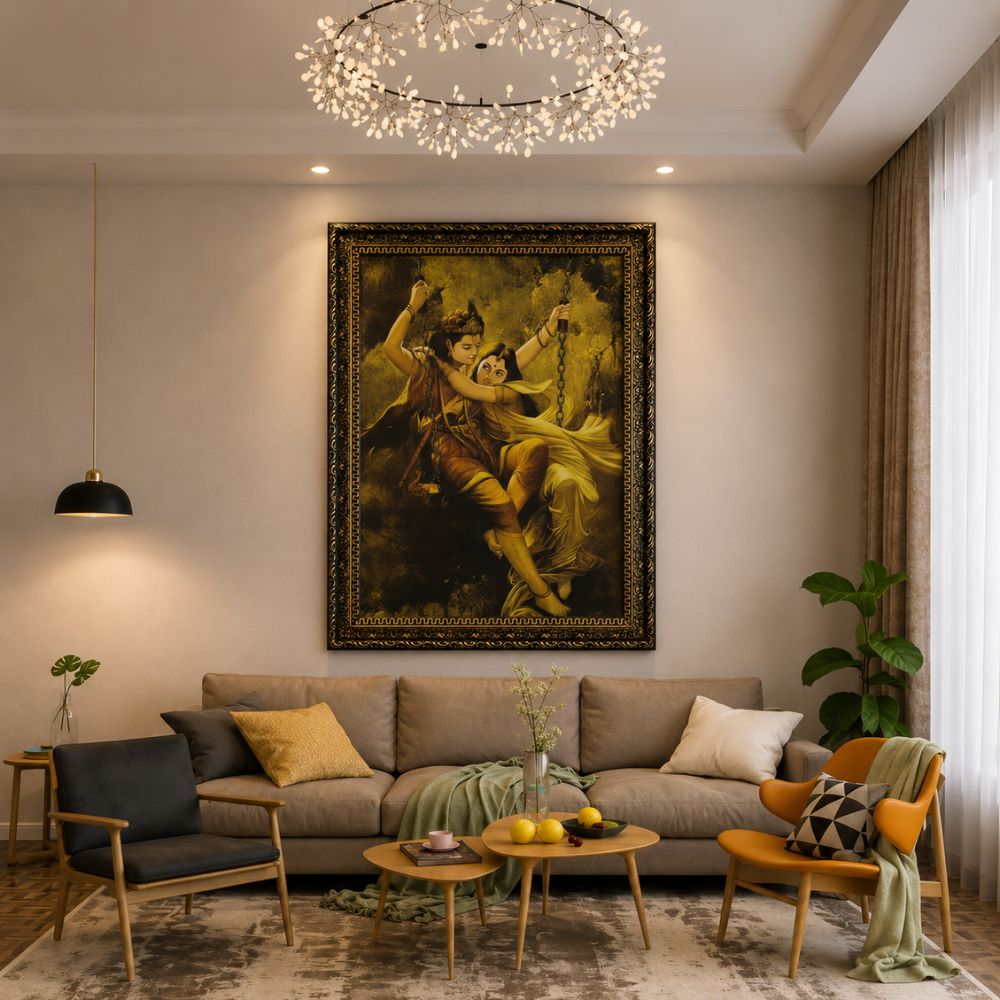Golden Radha Krishna Swing – Vintage Divine Wall Art