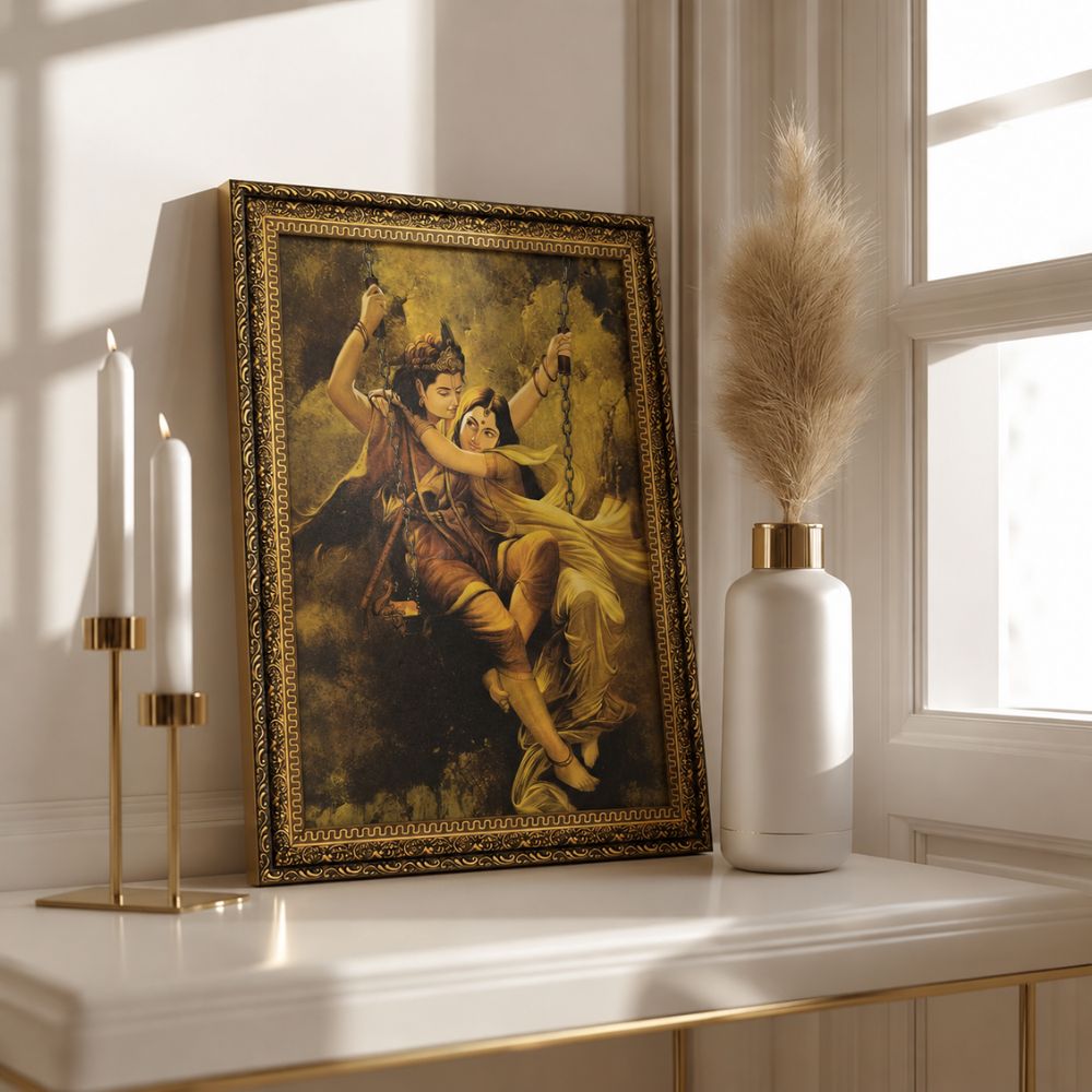 Golden Radha Krishna Swing – Vintage Divine Wall Art