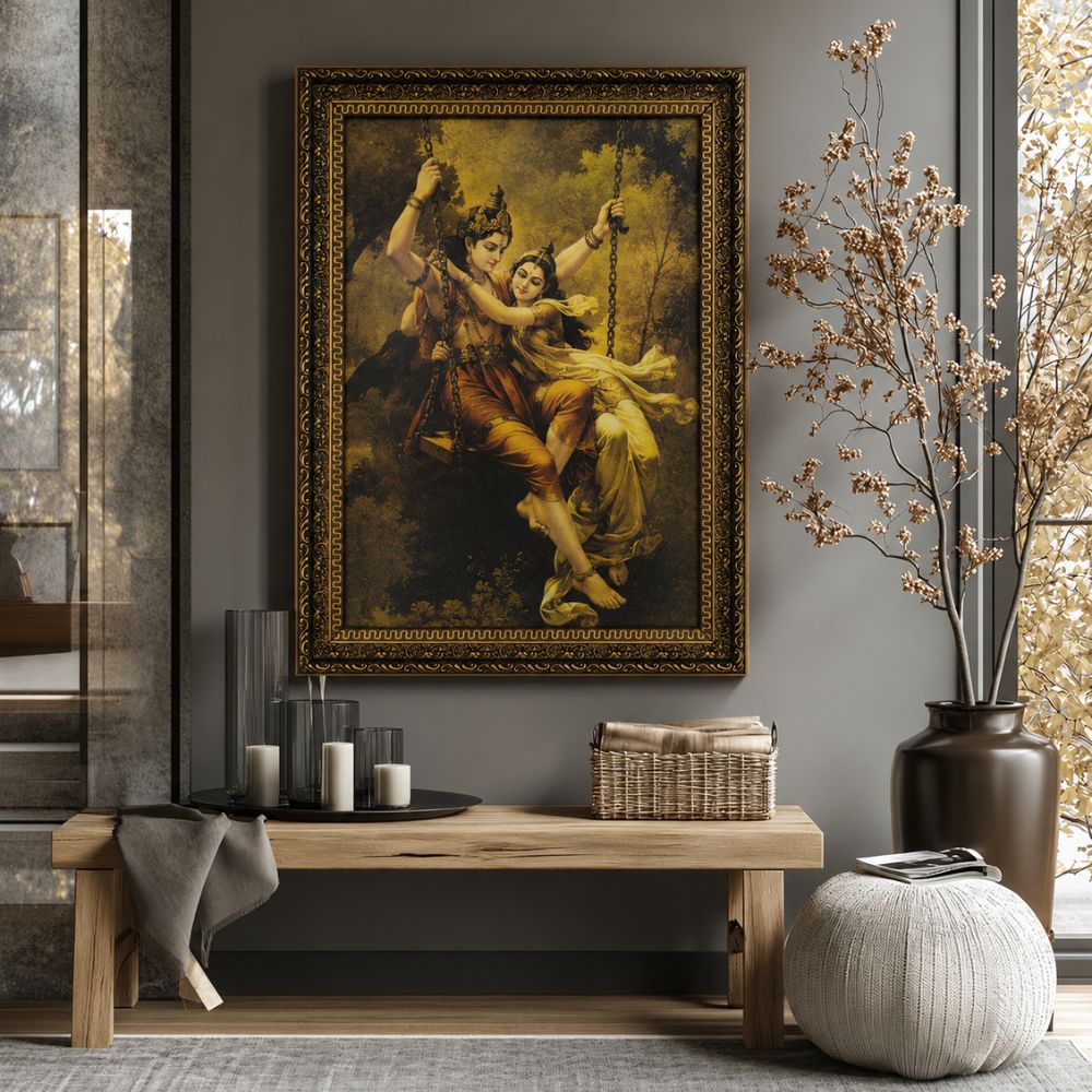 Golden Radha Krishna Swing – Vintage Divine Wall Art