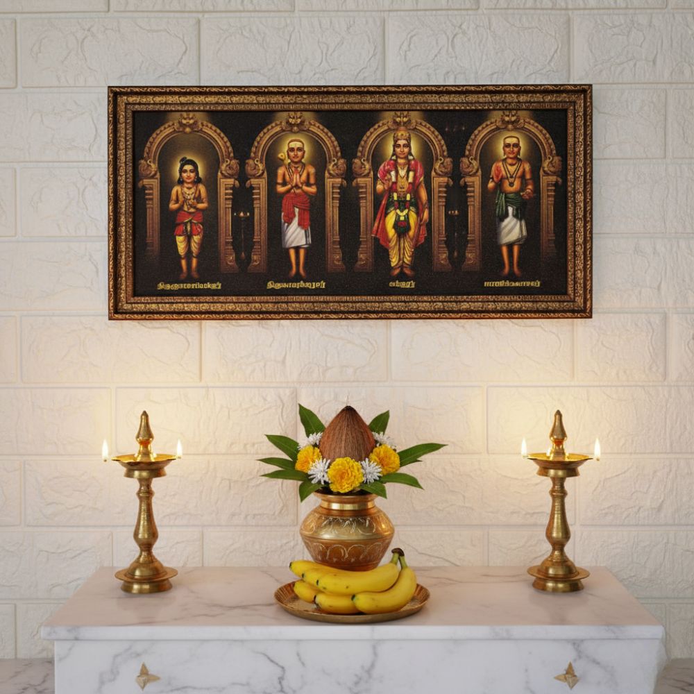 Sacred Tamil Saints Framed Wall Art – Thirugnanasambandar, Thirunavukkarasar, Sundarar & Manikkavasagar Premium Gold Frame