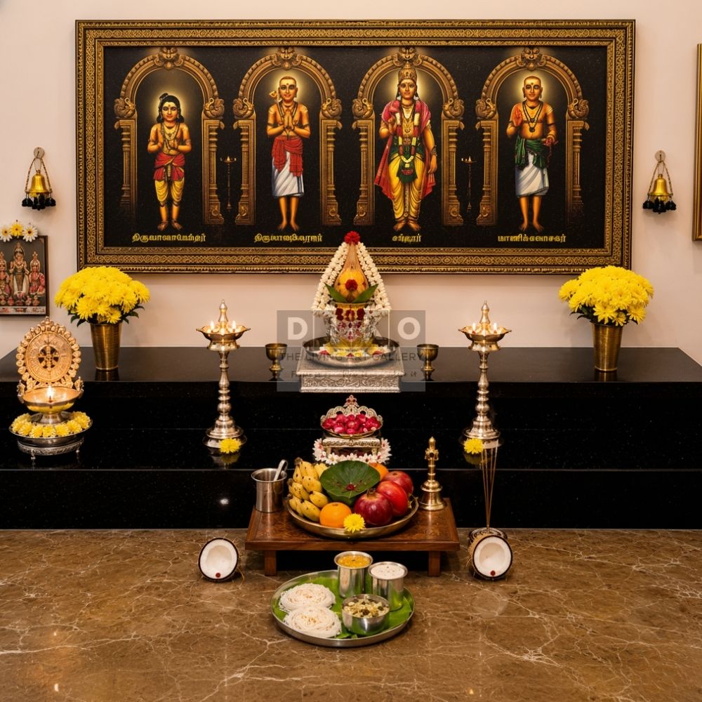 Sacred Tamil Saints Framed Wall Art – Thirugnanasambandar, Thirunavukkarasar, Sundarar & Manikkavasagar Premium Gold Frame