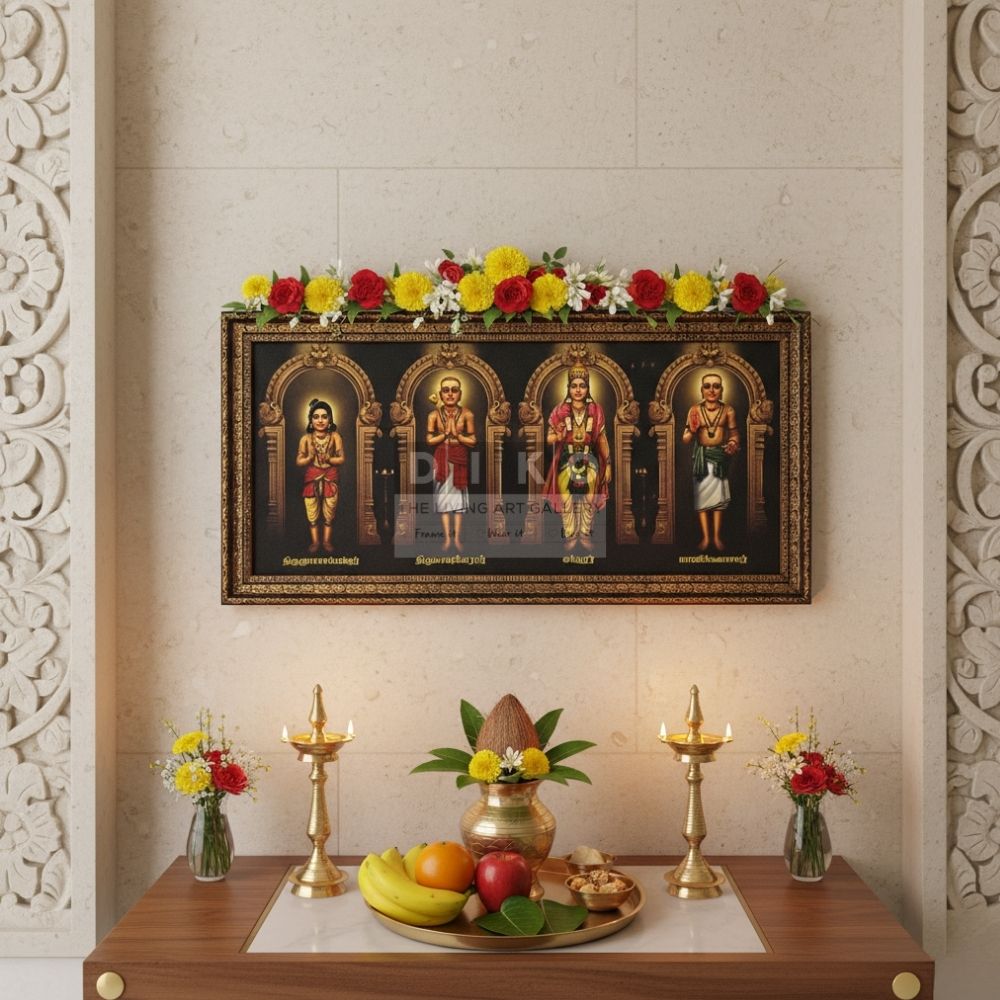 Sacred Tamil Saints Framed Wall Art – Thirugnanasambandar, Thirunavukkarasar, Sundarar & Manikkavasagar Premium Gold Frame
