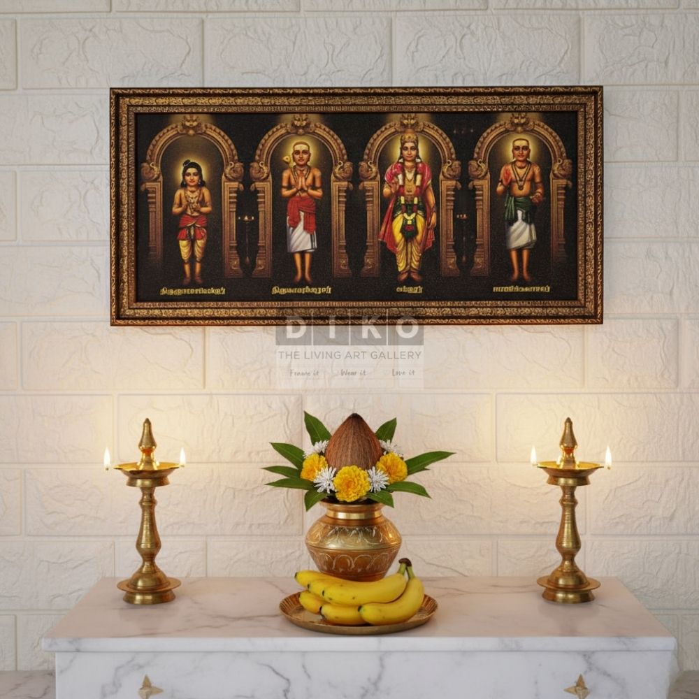 Sacred Tamil Saints Framed Wall Art – Thirugnanasambandar, Thirunavukkarasar, Sundarar & Manikkavasagar Premium Gold Frame