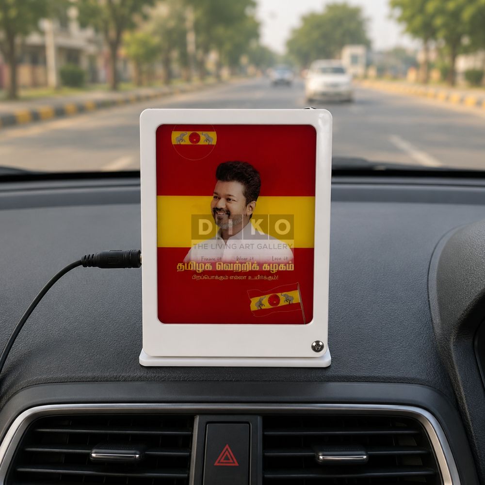 Custom LED Car Dashboard Photo Frame – Personalized Tamil Celebrity Acrylic Display Lamp