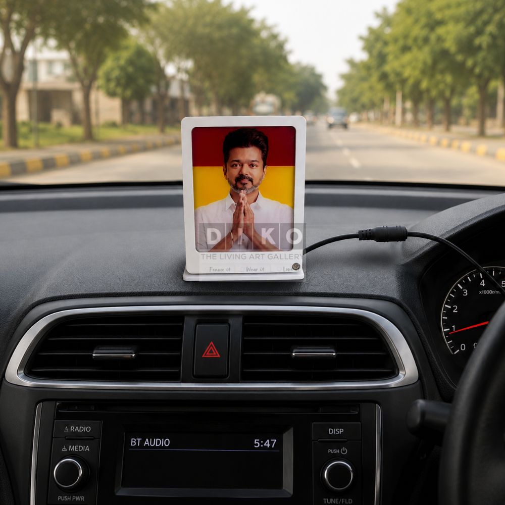 Custom LED Car Dashboard Photo Frame – Personalized Tamil Celebrity Acrylic Display Lamp